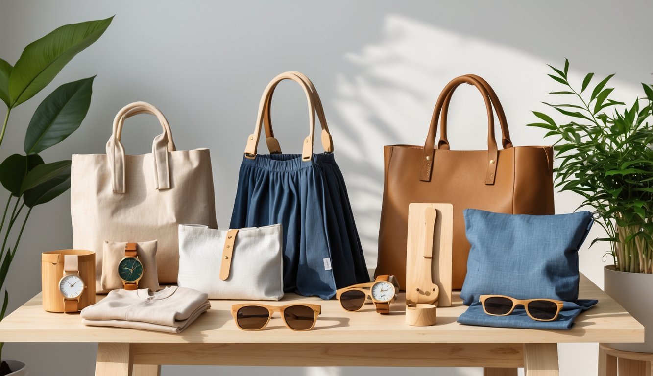 A display of eco-friendly clothing, handbags, sunglasses, and watches arranged on a wooden table with plants in the background.