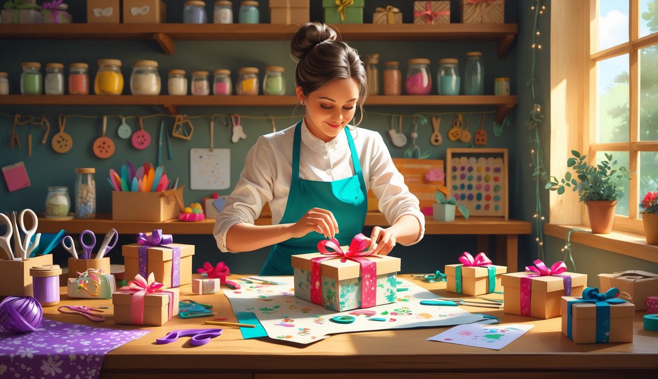 An artisan carefully wrapping a decorated gift box in a cozy craft workshop filled with crafting materials and completed handmade gifts.