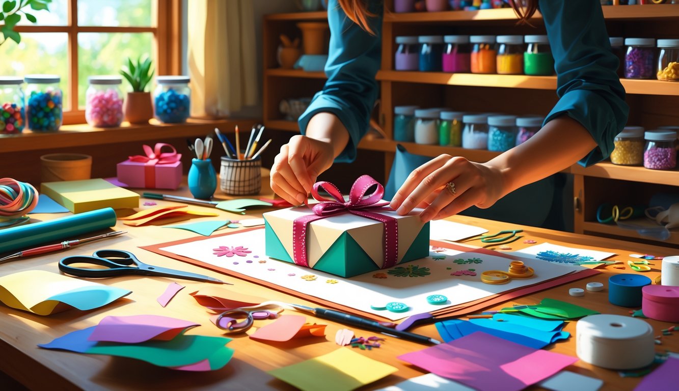 Hands assembling a handmade gift on a wooden table surrounded by craft supplies in a well-lit workspace.