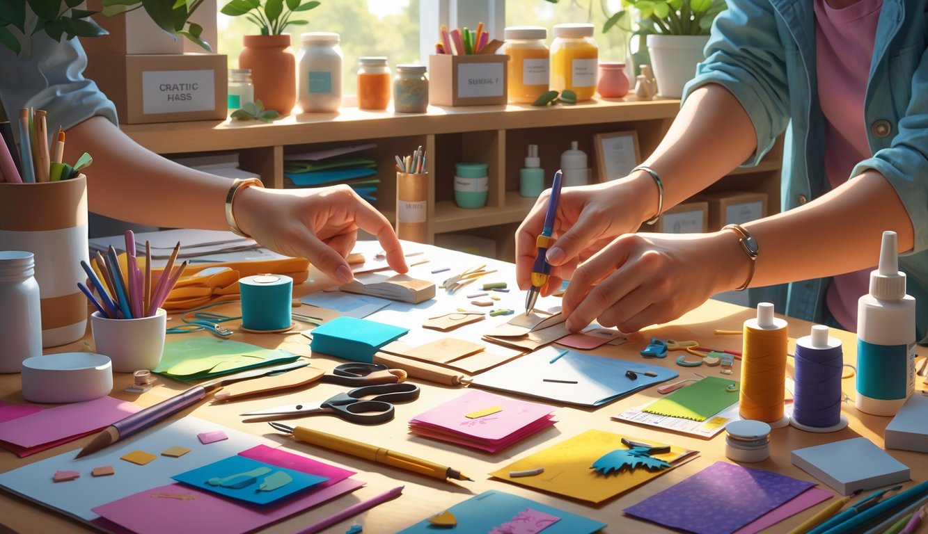 Hands working on a crafting project at a tidy workspace filled with various crafting tools and materials.