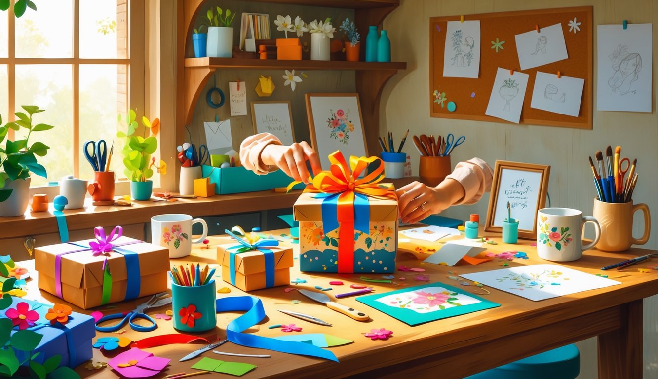 A cozy craft workspace with hands wrapping a decorated gift box surrounded by various DIY personalized gifts and craft supplies.