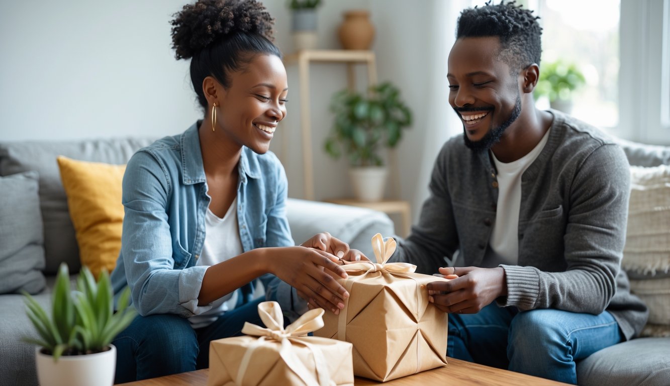 Two adults happily exchanging eco-friendly wrapped gifts in a cozy living room.