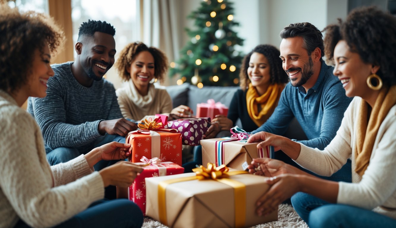A group of adults happily exchanging wrapped gifts in a cozy living room decorated for the holidays.