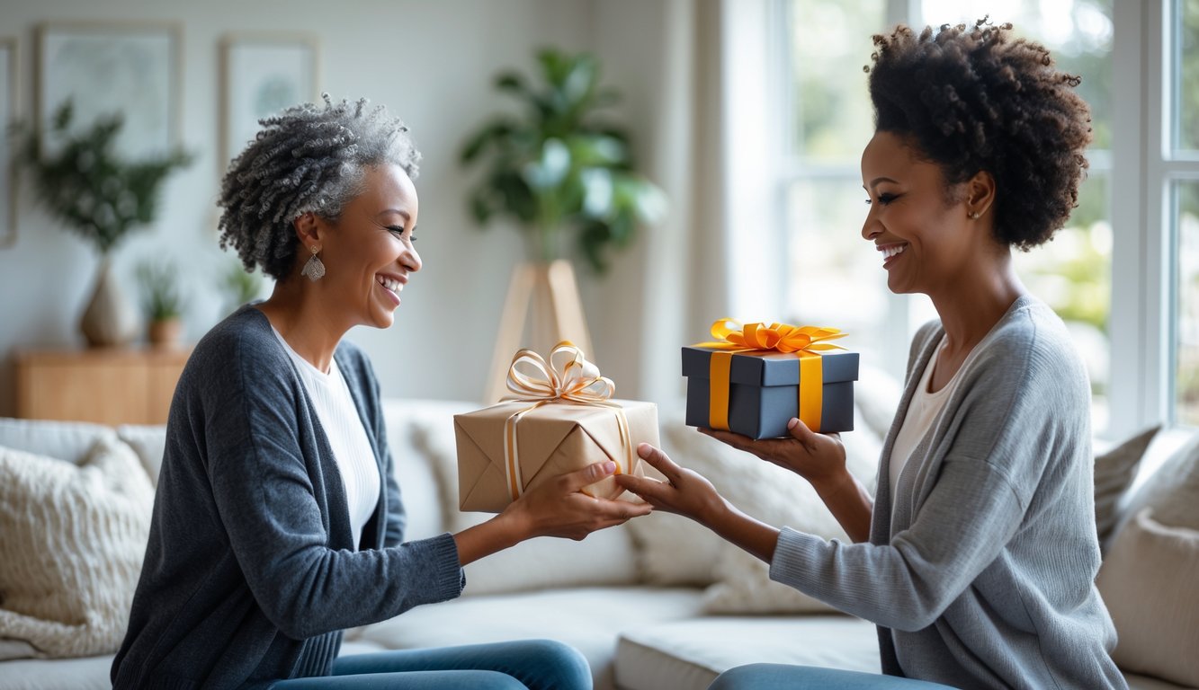 Two adults exchanging wrapped gifts and a personalized present in a cozy living room.