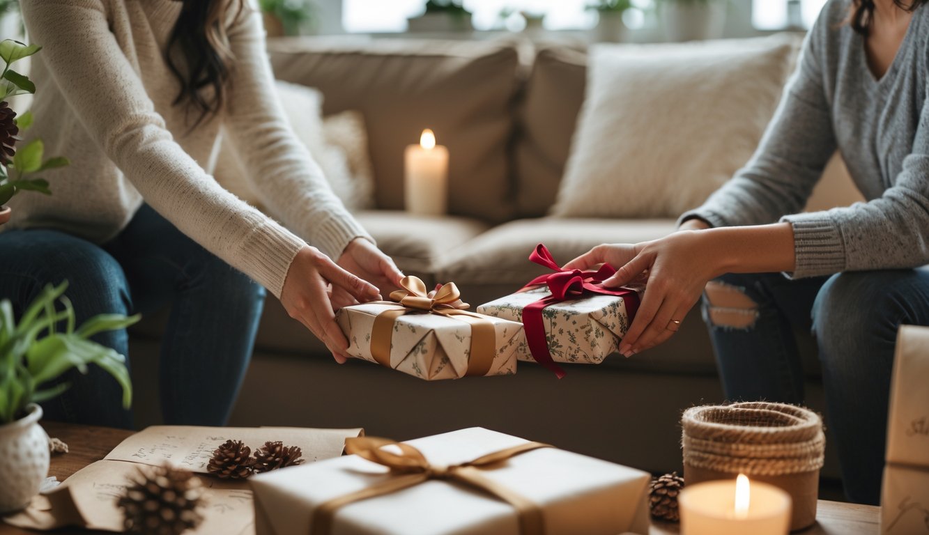 Two people exchanging thoughtfully wrapped gifts in a cozy living room with soft natural light.