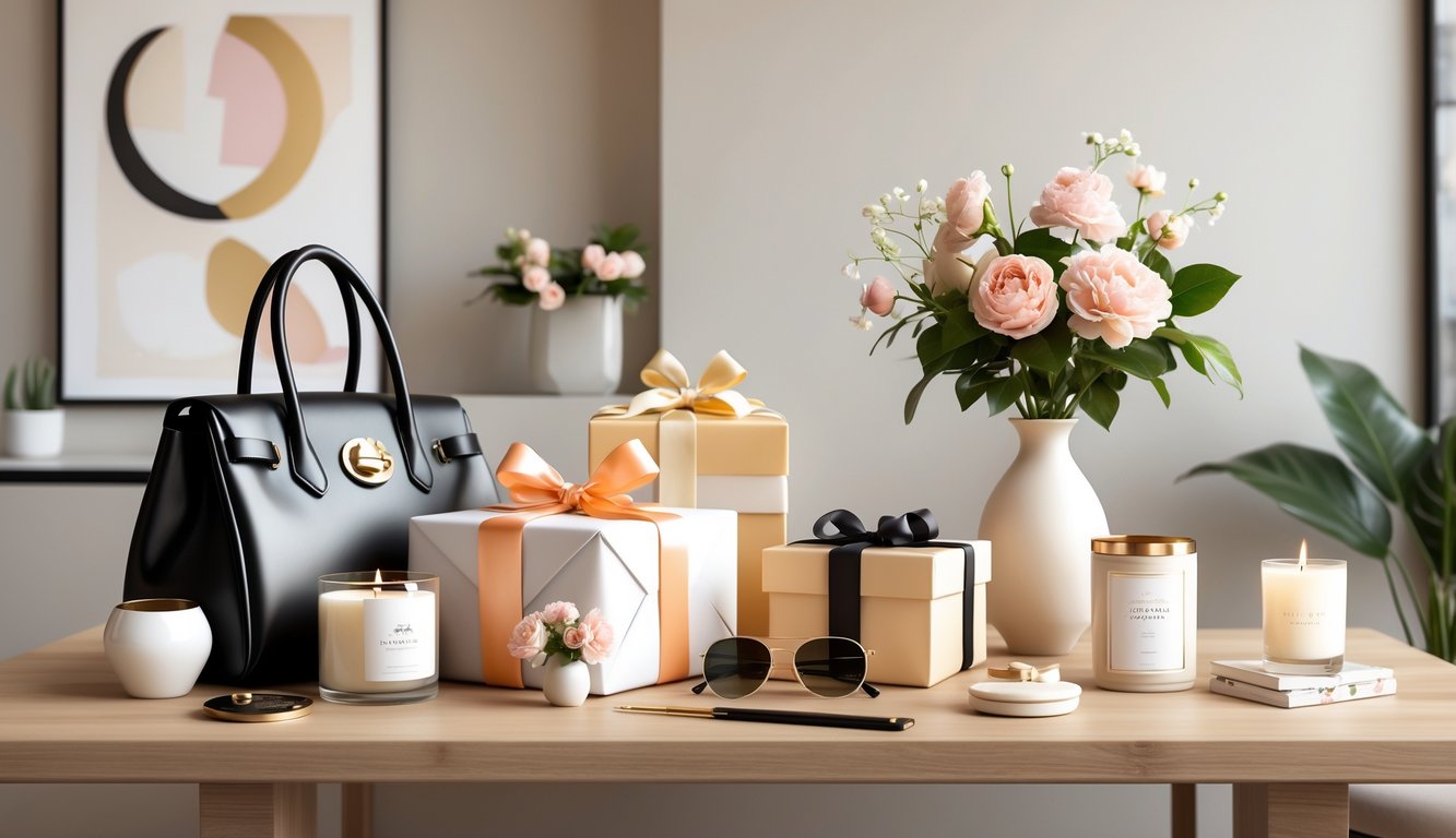 A collection of stylish birthday gifts including a leather handbag, wrapped box, designer watch, scented candles, sunglasses, and flowers arranged on a wooden table in a modern room.