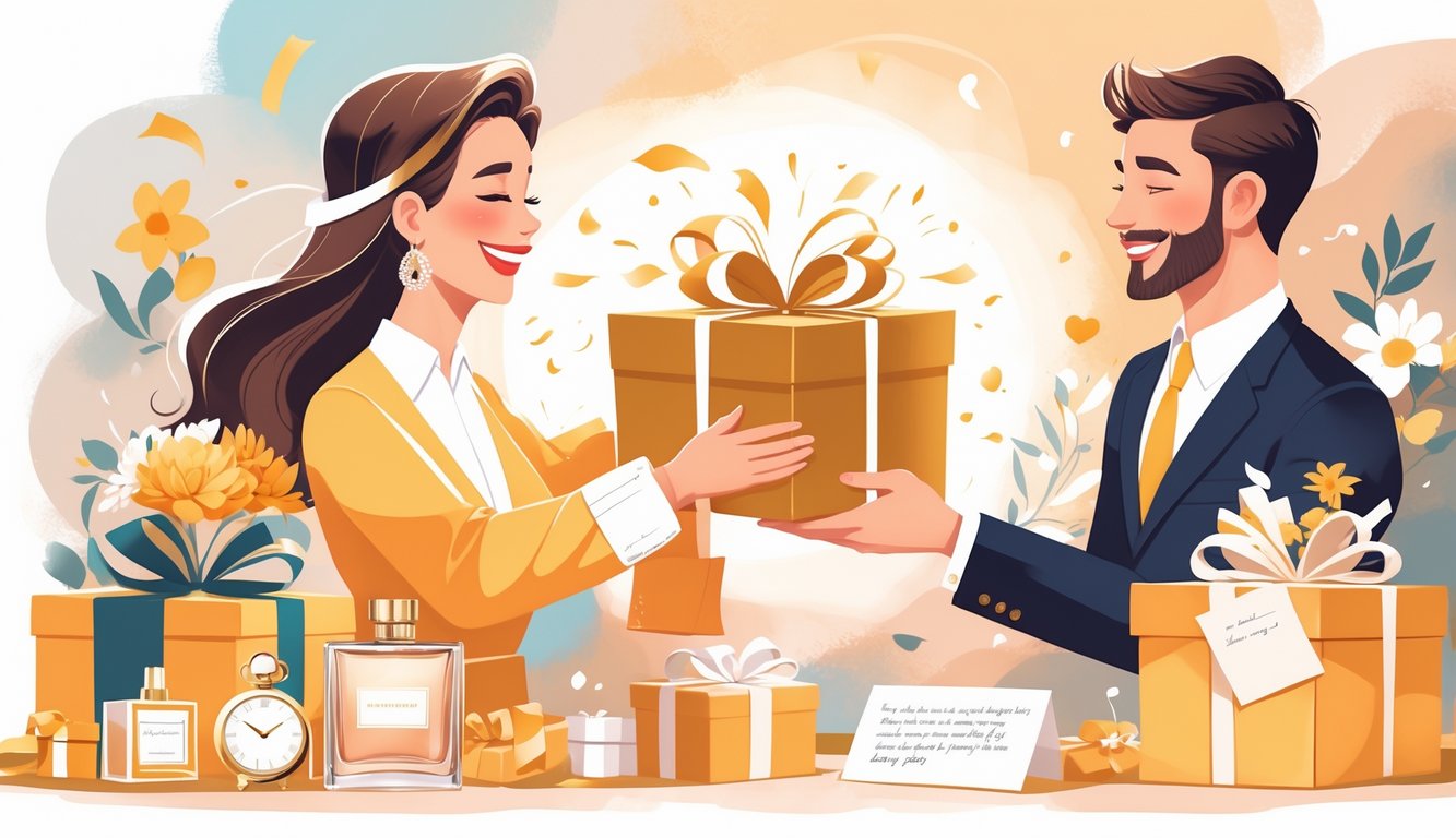 A person giving a beautifully wrapped birthday gift to a happy recipient surrounded by symbols of thoughtful presents like a watch, perfume, flowers, and a card.