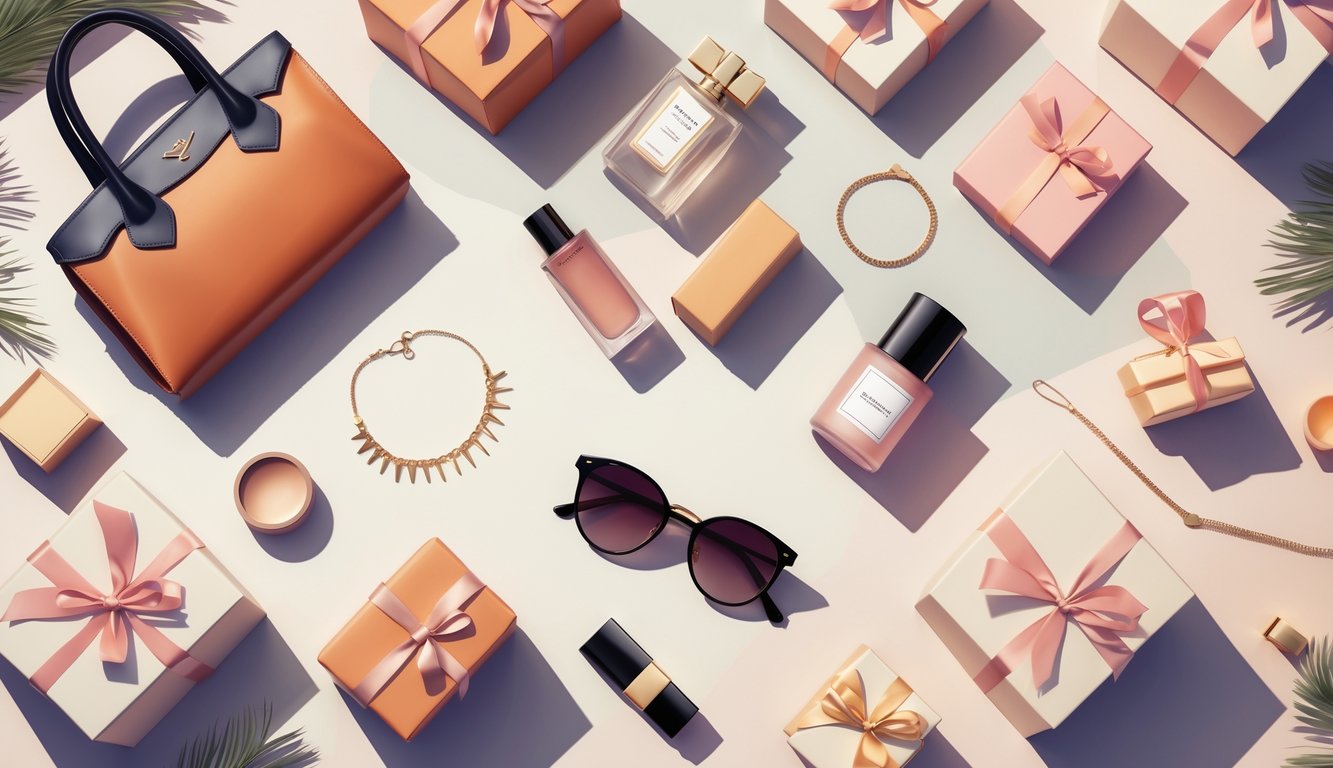 A flat lay of stylish birthday gifts including a leather handbag, sunglasses, gold necklace, silk scarf, perfume, makeup brushes, and a wrapped gift box on a neutral background.