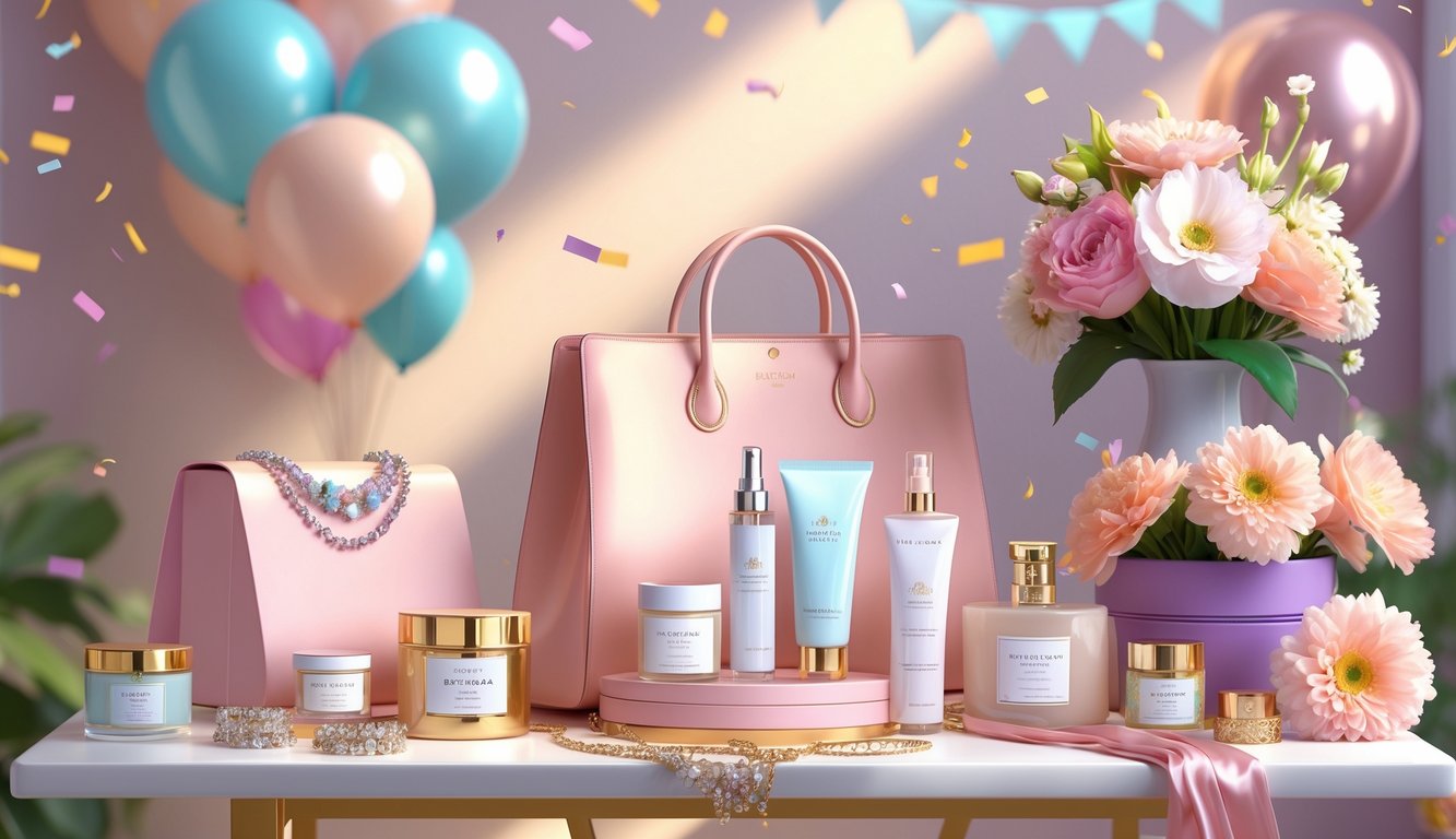 A table displaying a variety of elegant birthday gifts for women, including jewelry, a handbag, scented candles, skincare products, a silk scarf, and fresh flowers, with subtle birthday decorations in the background.