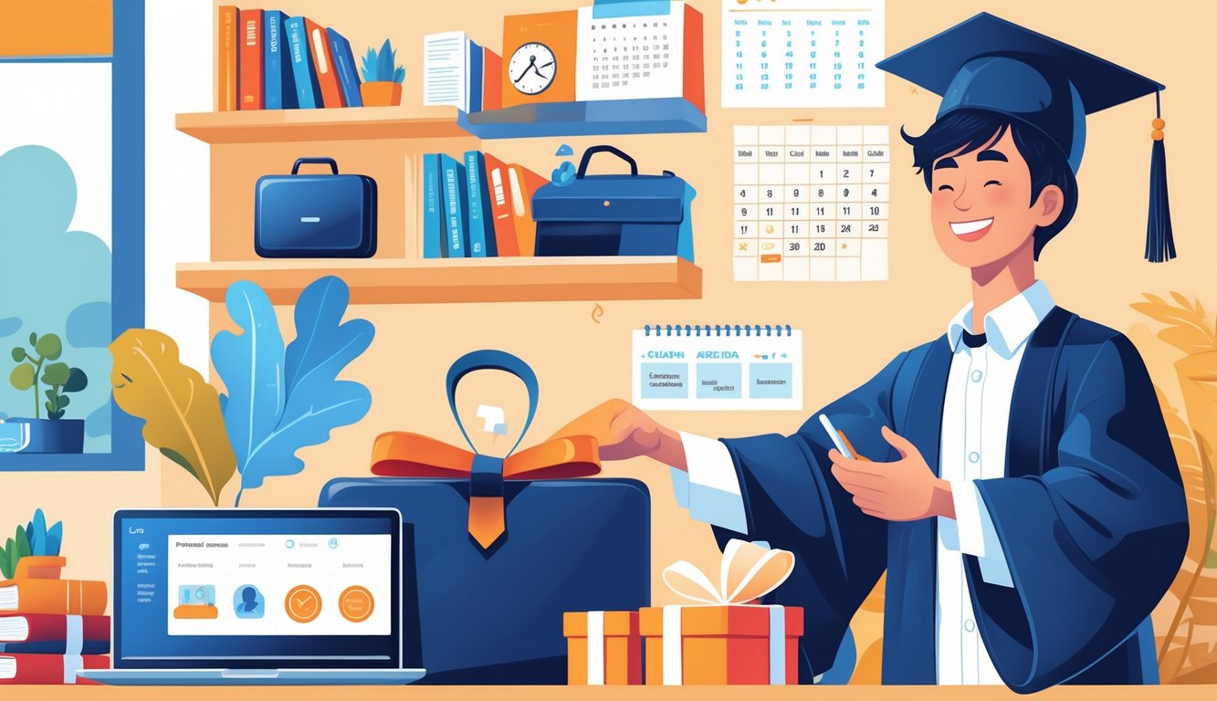 A graduate in cap and gown receiving practical gifts like a laptop and briefcase in a home setting with books and a calendar in the background.