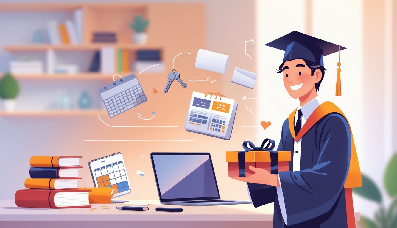 A graduate in cap and gown receiving a wrapped gift from a person, with practical items like a laptop, planner, keys, and books nearby, set in a modern home or office background.