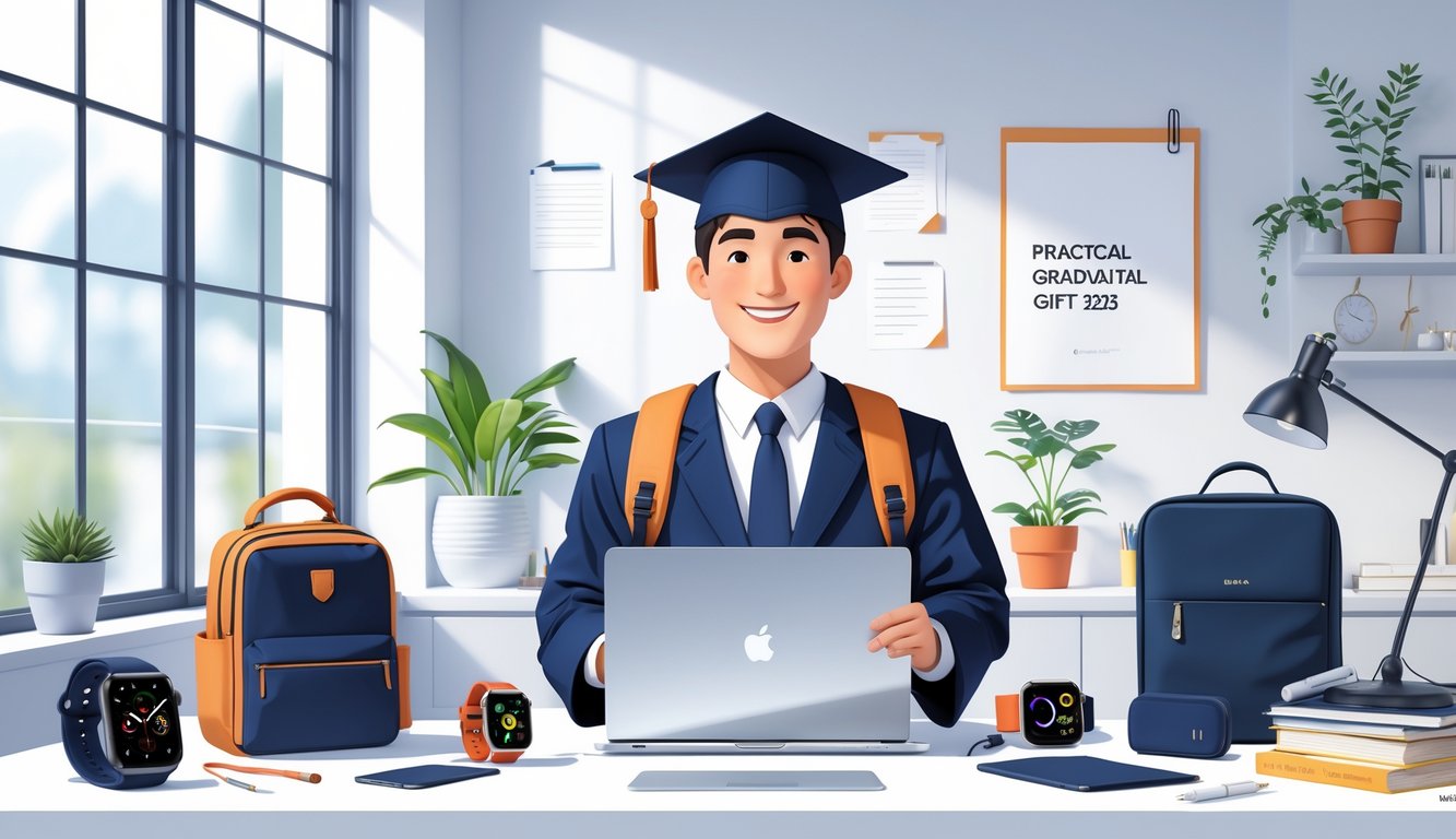 A graduate in cap and gown holding a laptop and backpack, surrounded by practical gift items like a smartwatch and notebooks on a desk in a bright room.