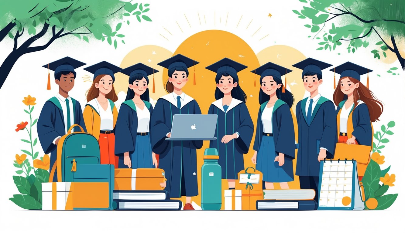 A group of high school graduates in caps and gowns surrounded by practical gifts like a laptop, backpack, textbooks, planner, and water bottle, symbolizing preparation for their future.