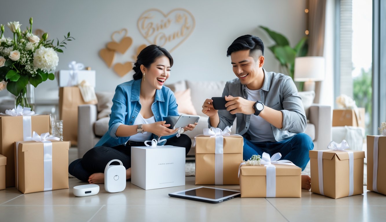 A young couple happily unboxing tech gifts in a bright living room decorated for a wedding celebration.