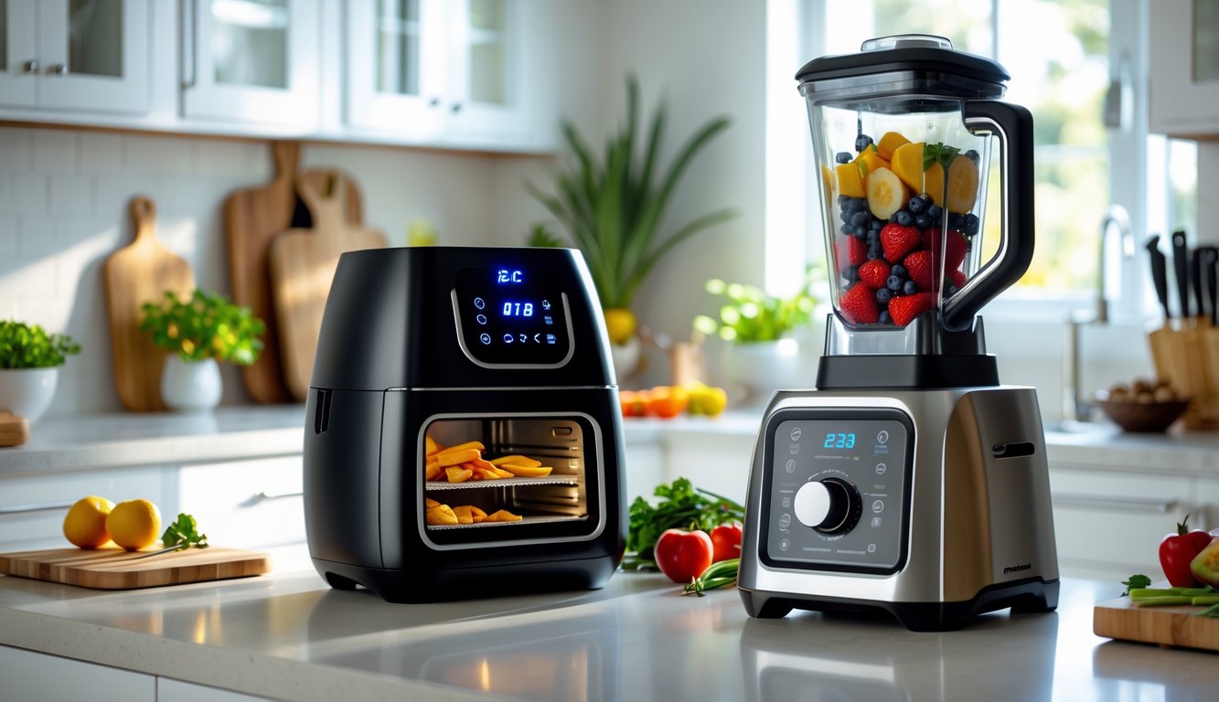 A modern kitchen countertop with an air fryer and a high-powered blender surrounded by fresh vegetables and kitchen tools.