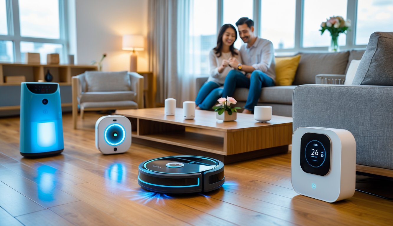 A young couple in a bright living room interacting with smart home cleaning and convenience devices like a robotic vacuum, smart speaker, and air purifier, suggesting popular wedding gift ideas.