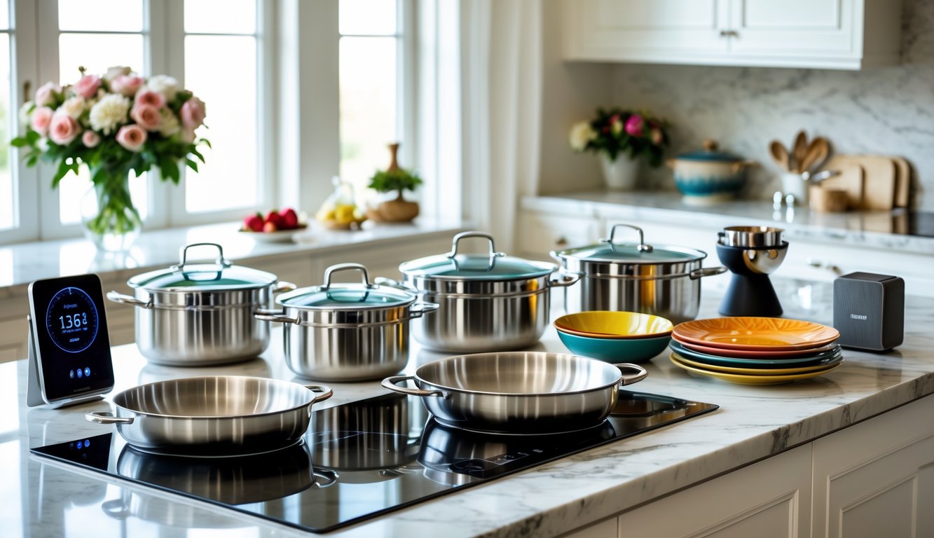 A modern kitchen countertop displaying cookware, dinnerware, and kitchen tech gadgets arranged neatly with natural light coming through windows.