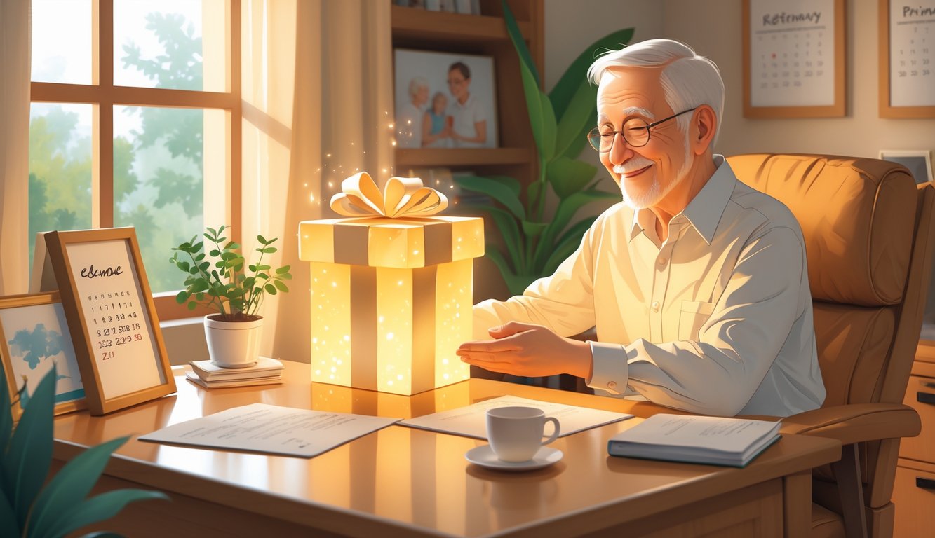 An older person sitting at a desk receiving a wrapped gift from a younger colleague in a cozy home office.