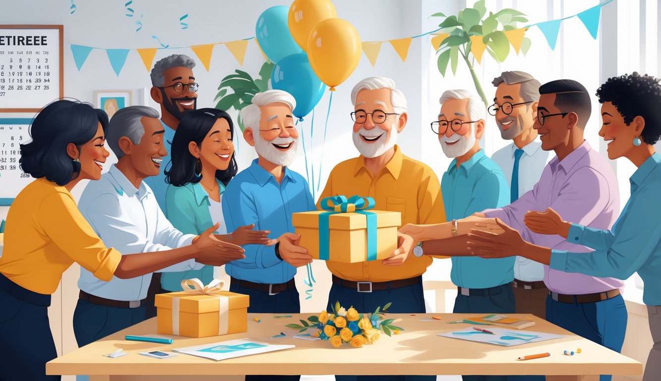 A group of colleagues happily celebrating a retiree receiving a meaningful gift in a decorated office setting.