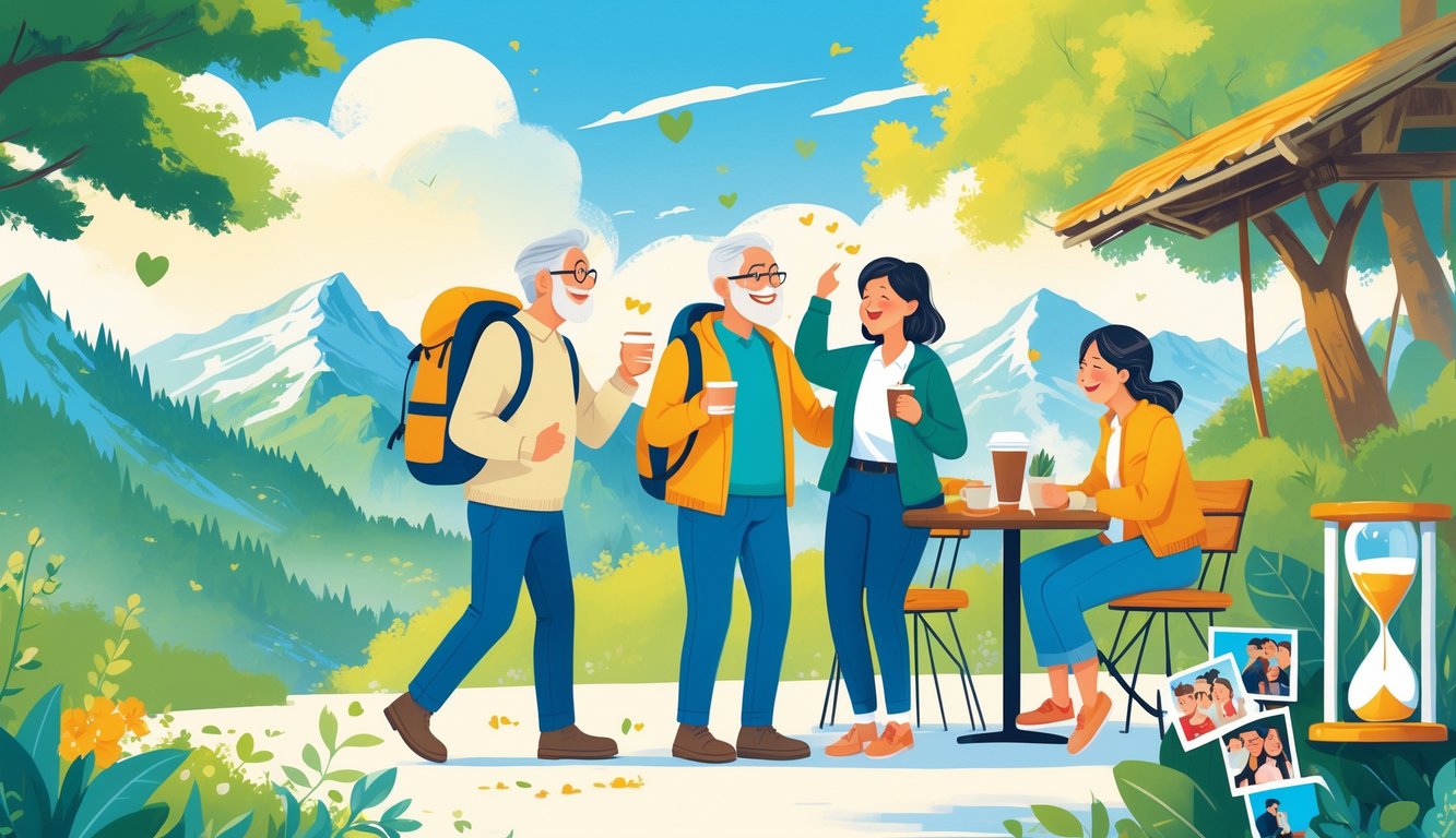 A retired couple enjoying hiking, coffee, and a cultural event together, surrounded by symbols of lasting memories.