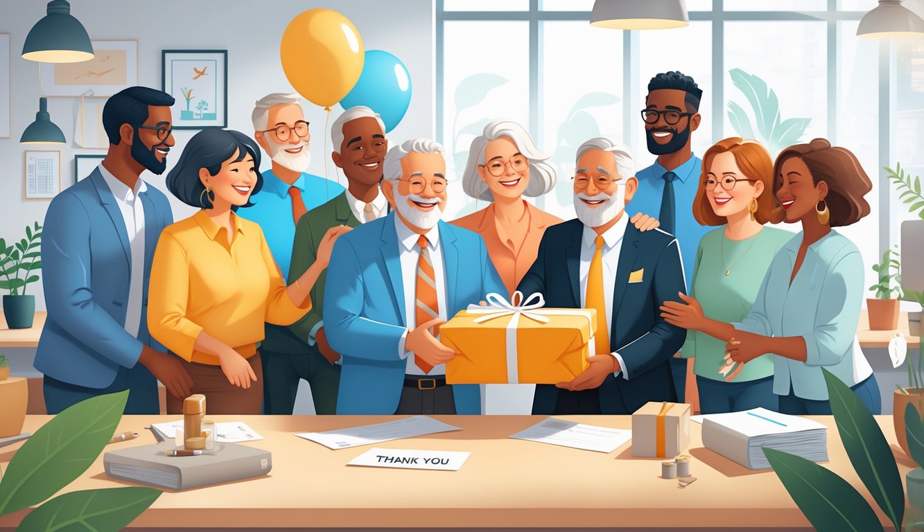 A group of coworkers celebrating a retiree in an office as they present a gift representing travel and experiences, with a joyful and warm atmosphere.
