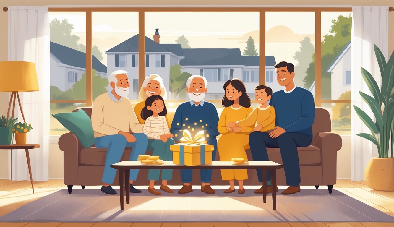 A multi-generational family gathered in a living room, smiling and interacting warmly with a softly glowing gift box on a table nearby, symbolizing financial support enhancing family security.