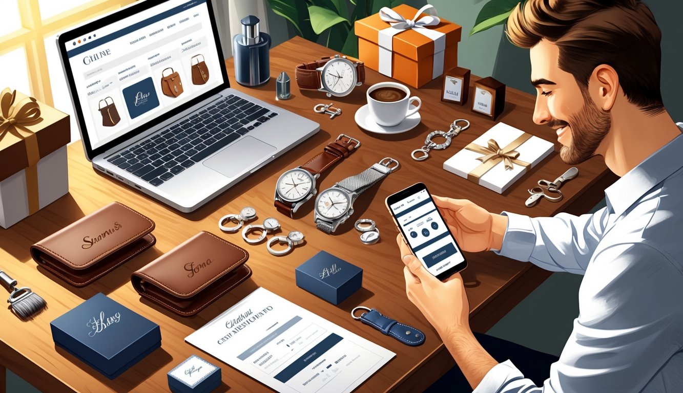 A man browsing personalized gifts for men on his smartphone at a desk displaying custom wallets, watches, cufflinks, and grooming kits.