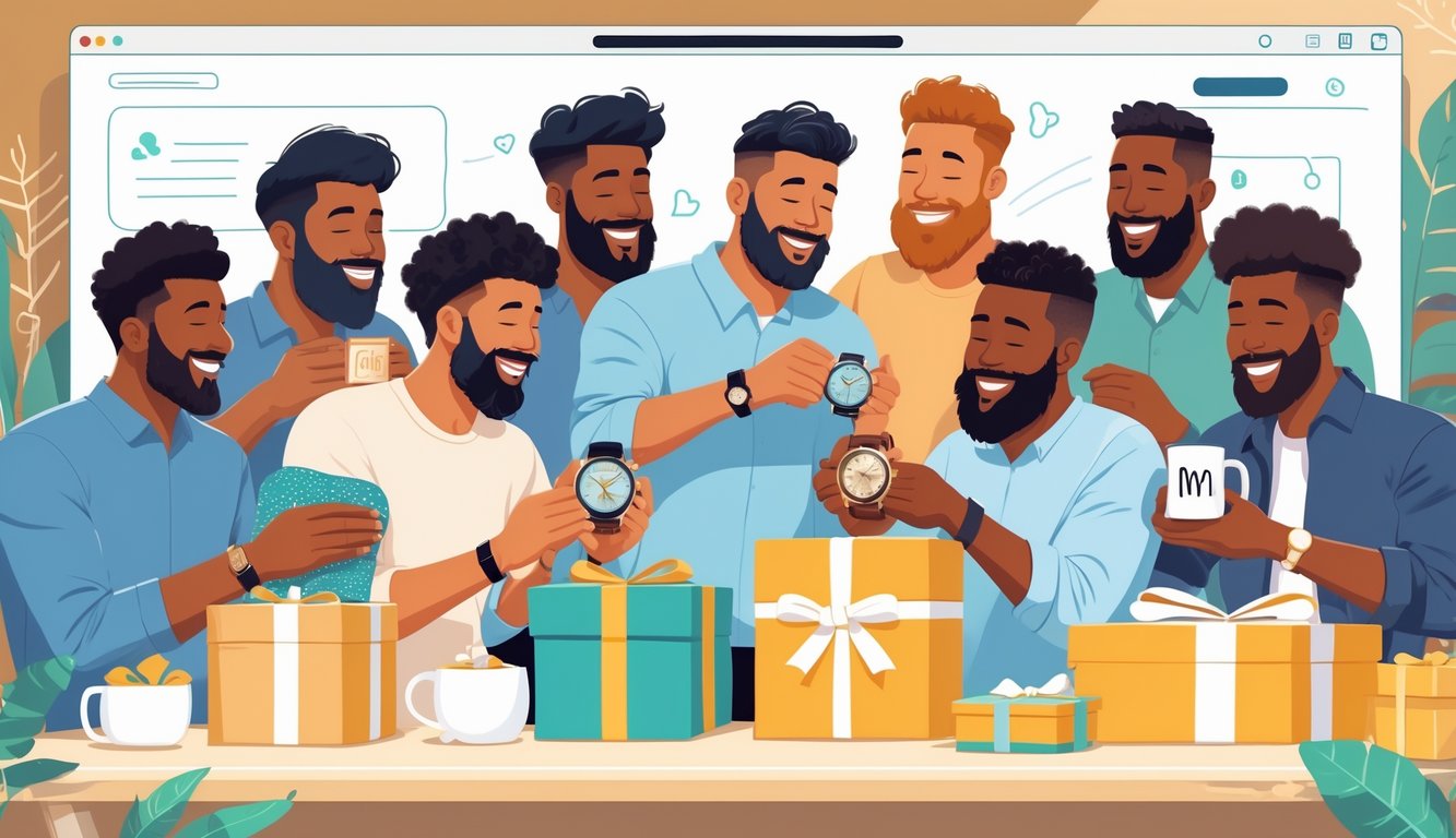 Men of different ages happily receiving and opening personalized gifts like engraved watches and monogrammed wallets in a warm home setting with digital shopping icons in the background.