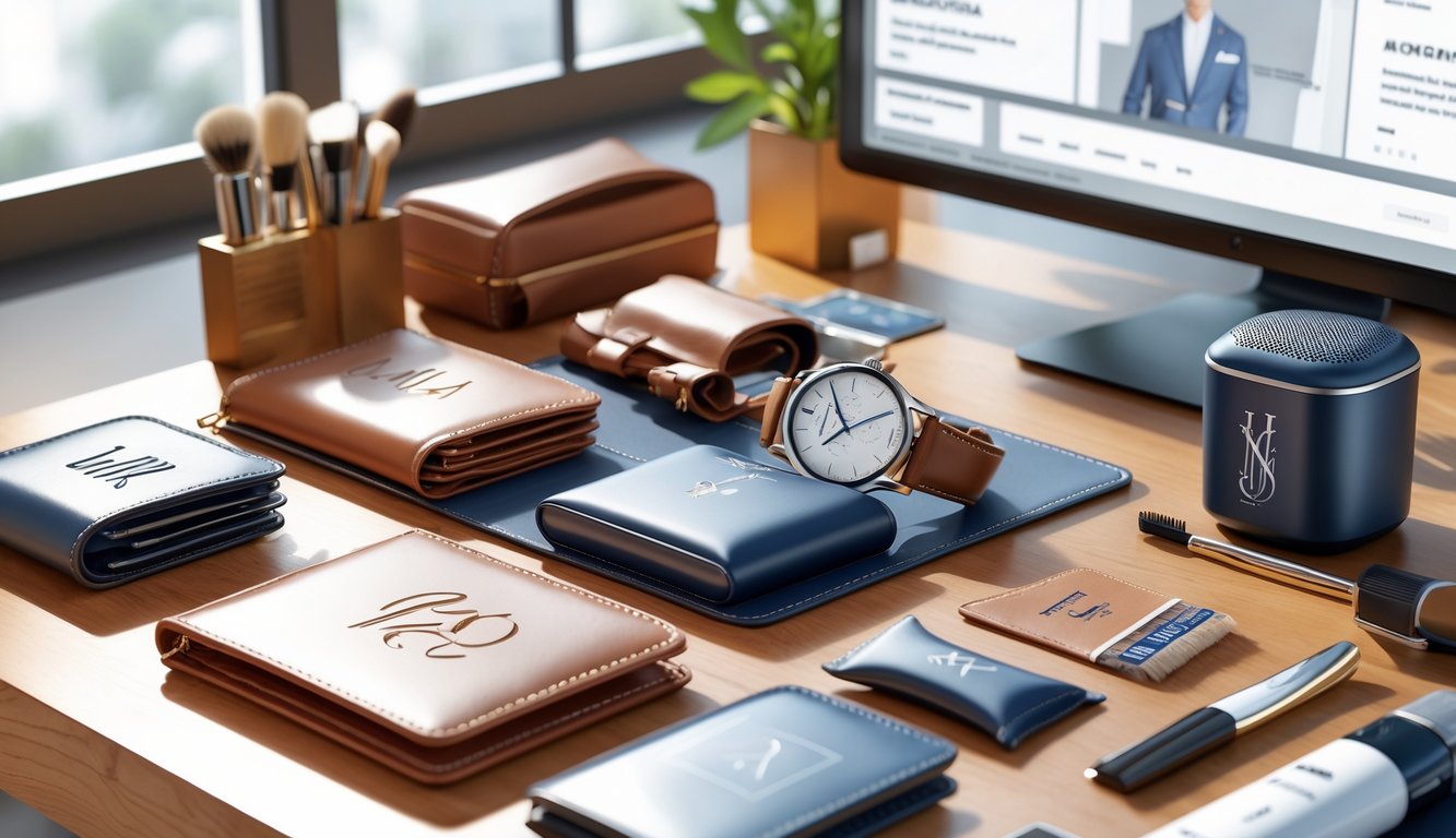 A modern workspace displaying various personalized gifts for men, including engraved wallets, custom watches, tech gadgets, and grooming kits, with a computer screen showing online shopping in the background.
