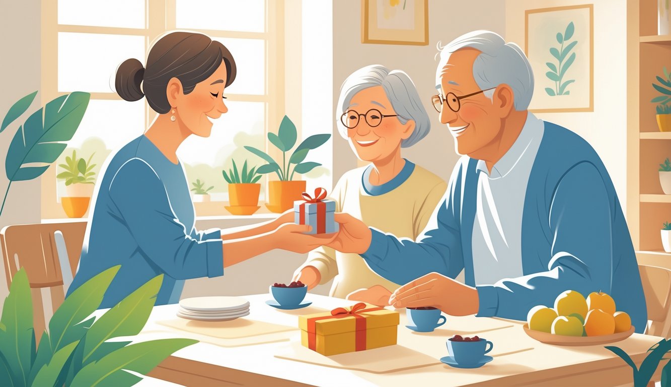 A family in a cozy home where an adult gives a gift box to an elderly parent, with a younger family member exercising in the background and elements like fresh fruit and plants visible.