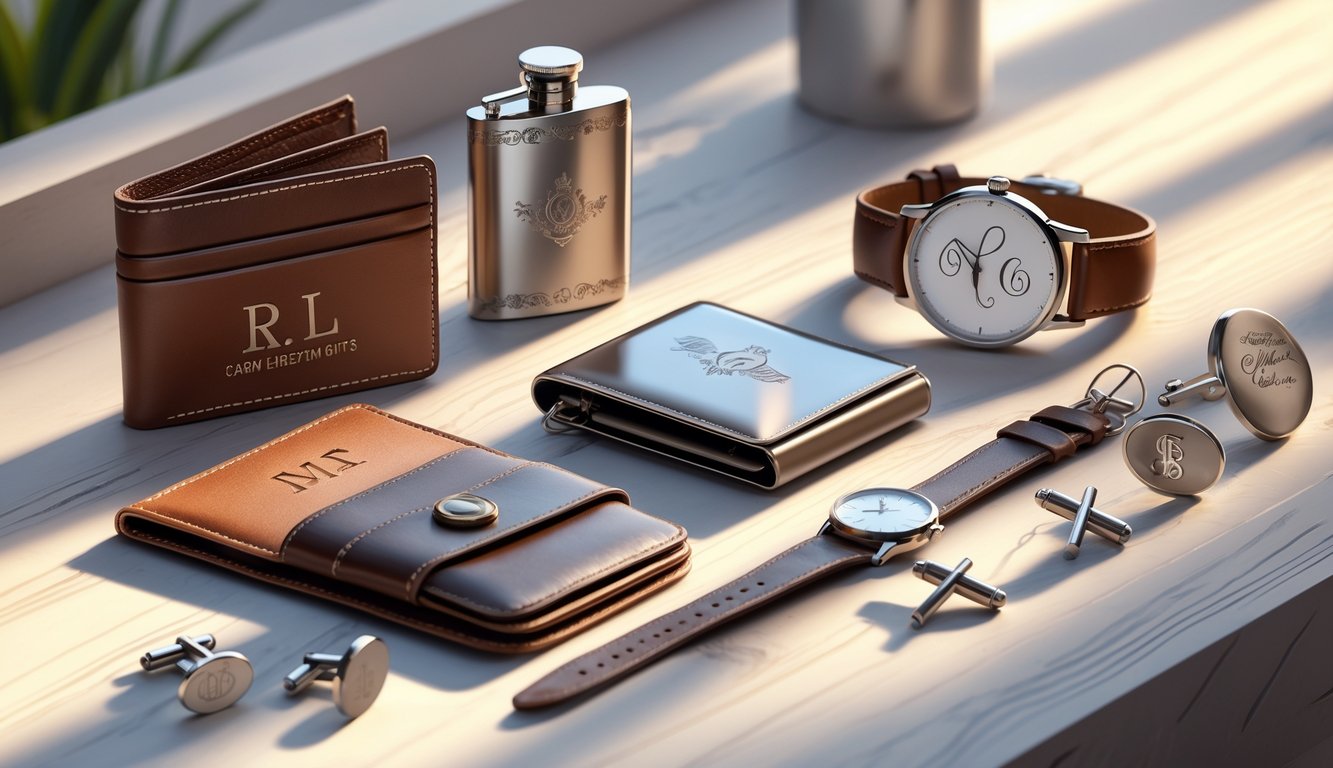 An arrangement of engraved personalized gifts for men including a leather wallet, stainless steel flask, wristwatch, and cufflinks displayed on a wooden surface.