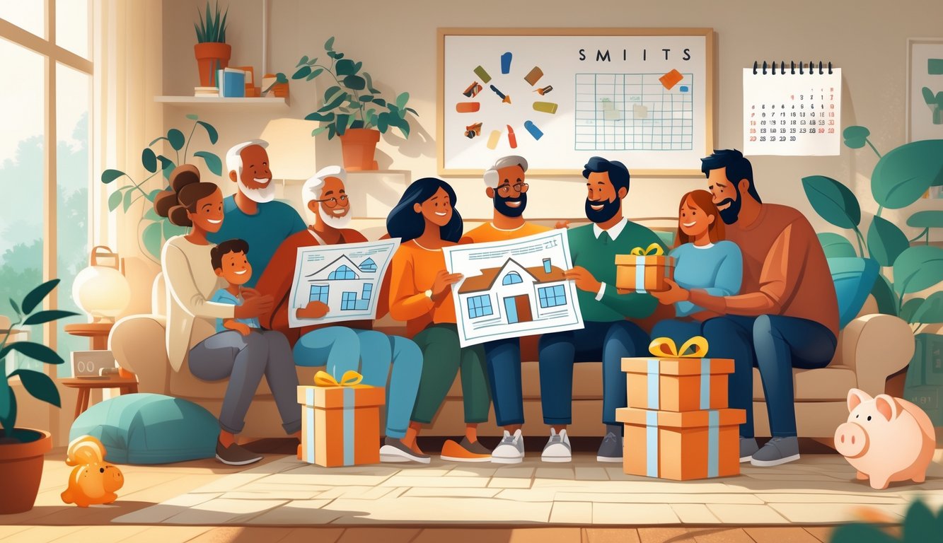 A multi-generational family in a cozy living room, with a young couple holding house blueprints and an older relative giving a gift to a younger family member, surrounded by symbols of growth and planning.