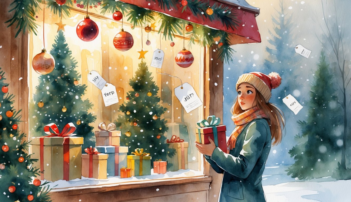 A holiday store window with festive decorations and a shopper holding a wrapped gift, looking concerned, with faint floating price tags around.