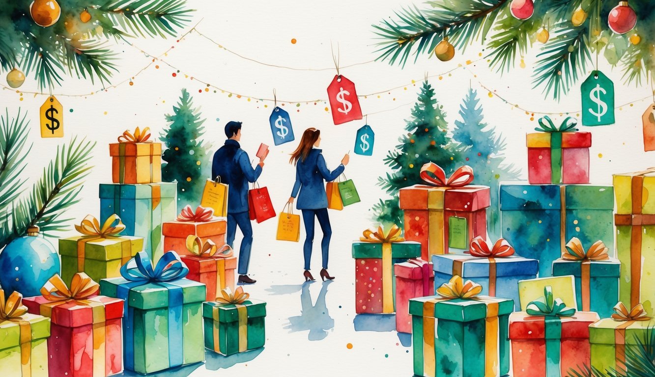 A holiday shopping scene with people looking at wrapped gifts and subtle signs of extra costs hidden in the price tags.