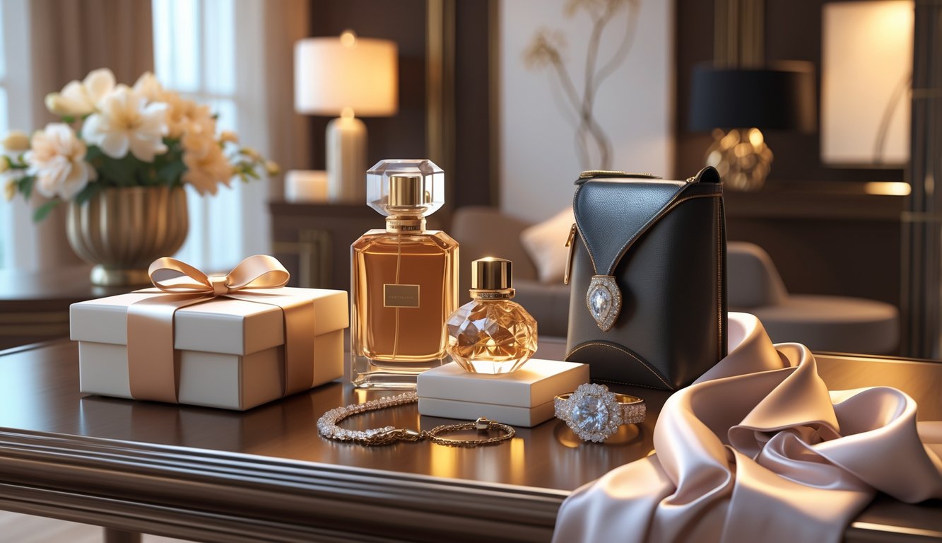 A collection of elegant luxury gifts including a wrapped box, perfume bottle, jewelry, leather accessory, and silk scarf arranged on a polished table in a stylish room.