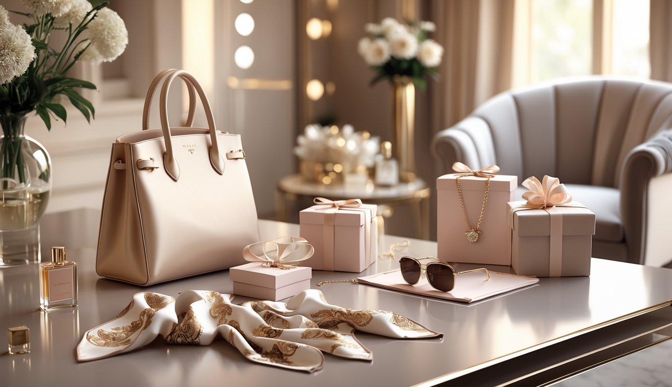A collection of luxury gift items including a designer handbag, sunglasses, a silk scarf, jewelry box, wrapped gift, and fragrance bottle arranged on a polished surface in a stylish boutique setting.