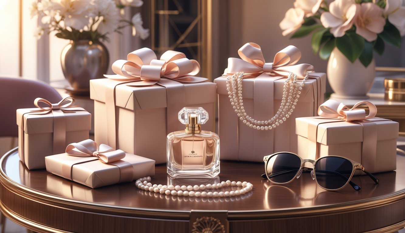 A table displaying luxury gifts for women including wrapped boxes, jewelry, a handbag, perfume, sunglasses, and a watch in an elegant setting.