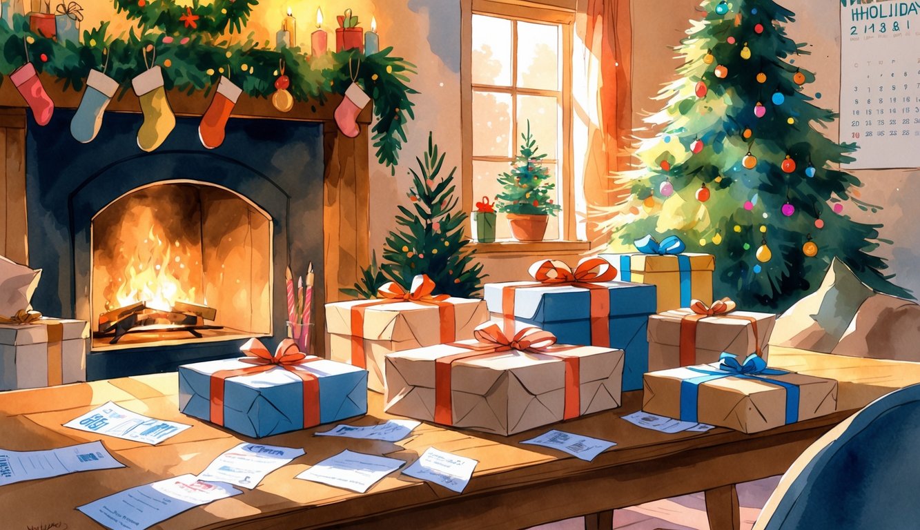 A cozy holiday home interior with wrapped gifts, receipts on a wooden table, a decorated Christmas tree, and warm lighting from a fireplace.