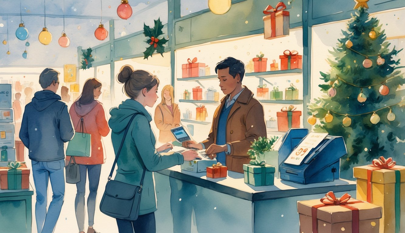 Shoppers in a holiday-decorated retail store looking at gifts while a cashier rings up purchases at a decorated checkout counter.