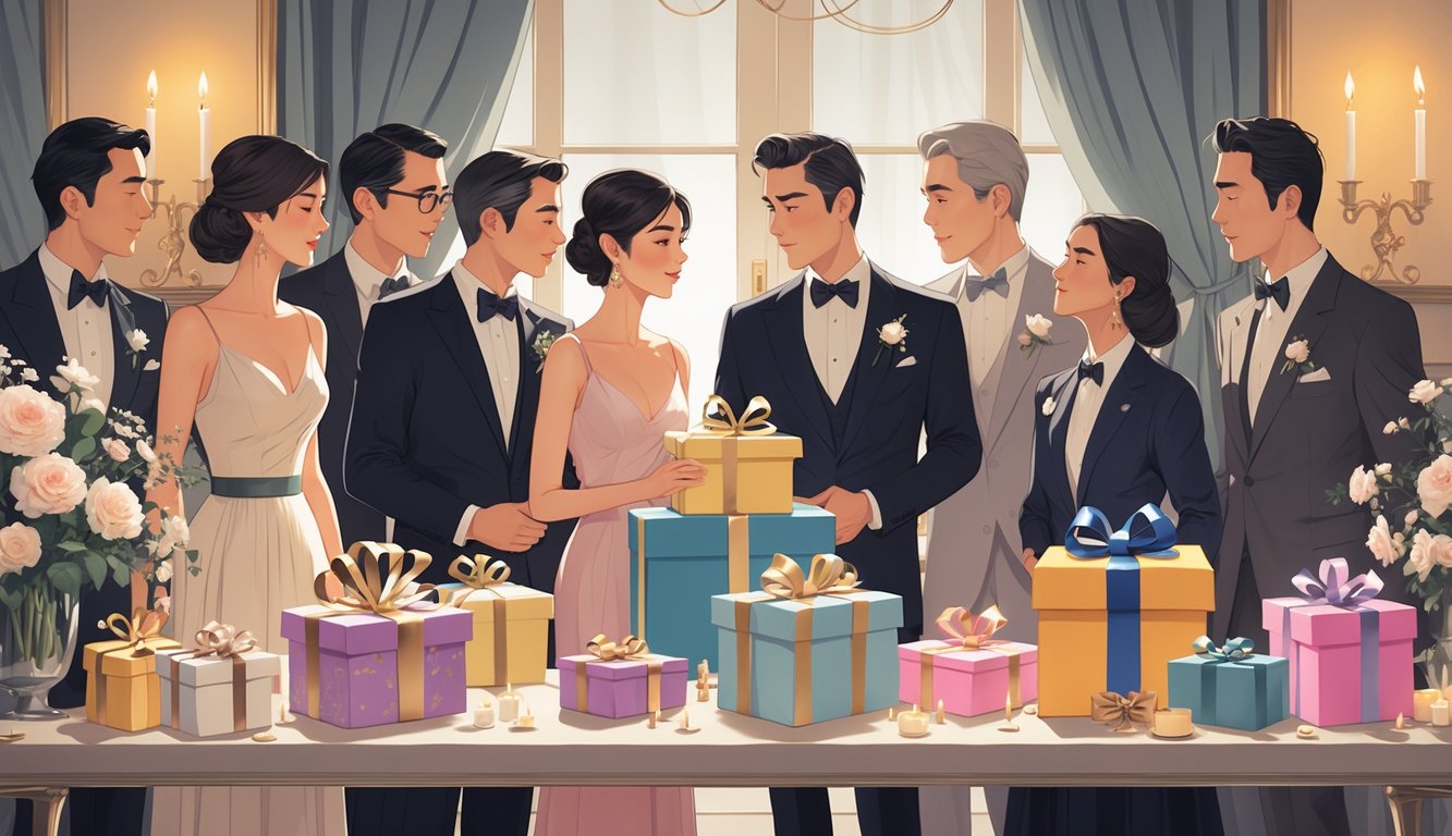 Guests at an elegant gathering subtly judging a variety of special occasion gifts displayed on a table.