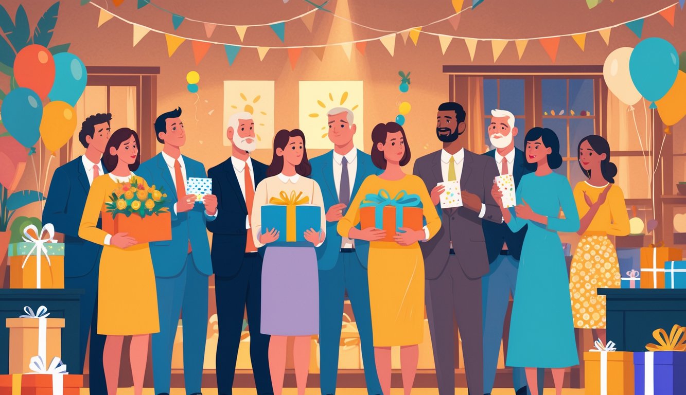 A group of people at a celebration subtly showing disappointment and judgment toward common gifts like flowers, greeting cards, and gift baskets.