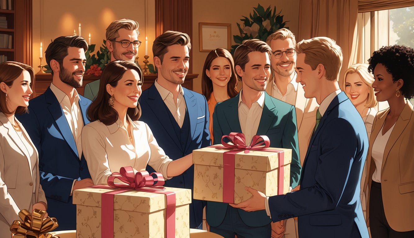 A group of people at a special occasion where one person gives a personalized gift while others look on with mixed expressions.