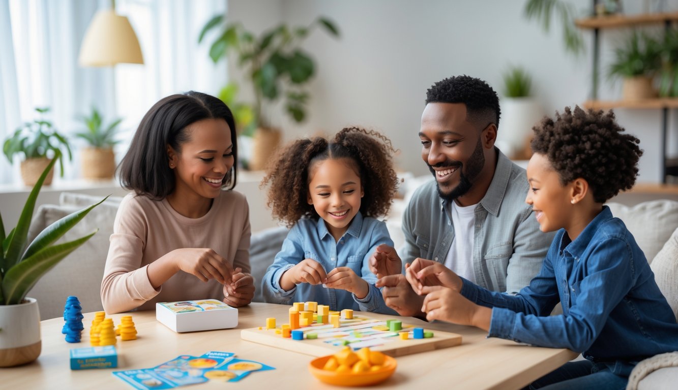A family of four happily spending time together in a bright living room, engaged in a shared activity like a board game or craft project.