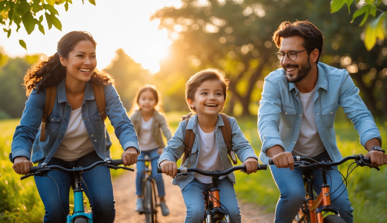 A family of four enjoying an outdoor activity together, smiling and spending quality time in a park during sunset.