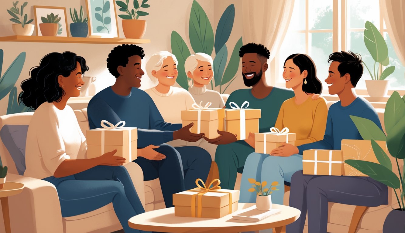 A diverse group of people exchanging gender-neutral gifts in a cozy living room, sharing warm smiles and relaxed interactions.