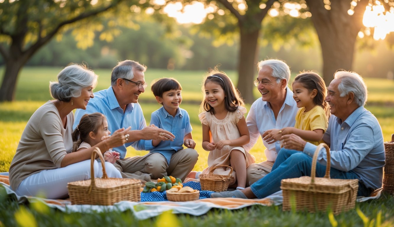 A multi-generational family enjoying a joyful outdoor picnic together in a park during sunset.