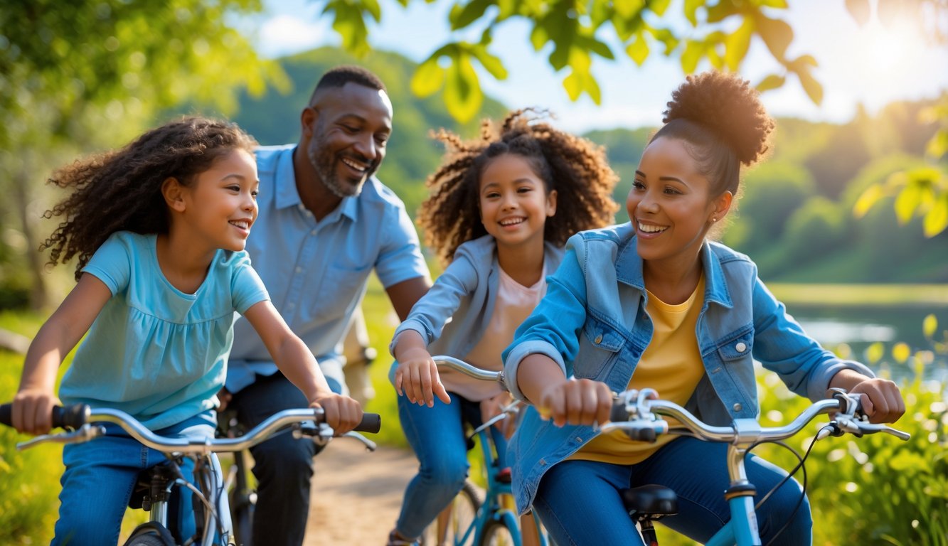 A happy family enjoying an outdoor activity together in a natural setting, smiling and spending quality time.
