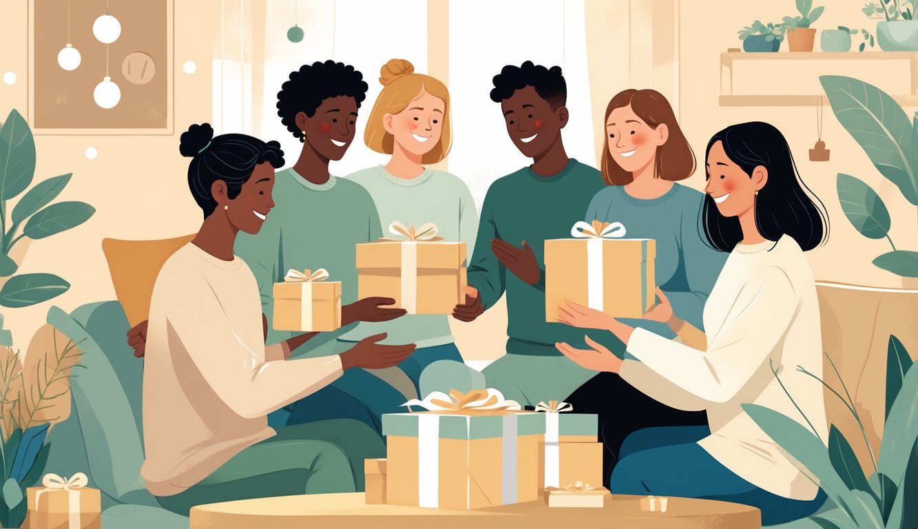A diverse group of people exchanging neutral-colored gifts in a cozy room, smiling and enjoying the moment together.