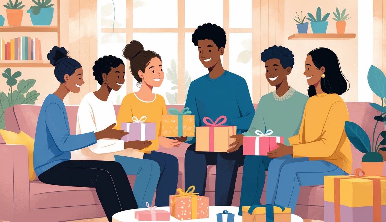 A diverse group of people exchanging gifts in a cozy room, smiling and interacting warmly.