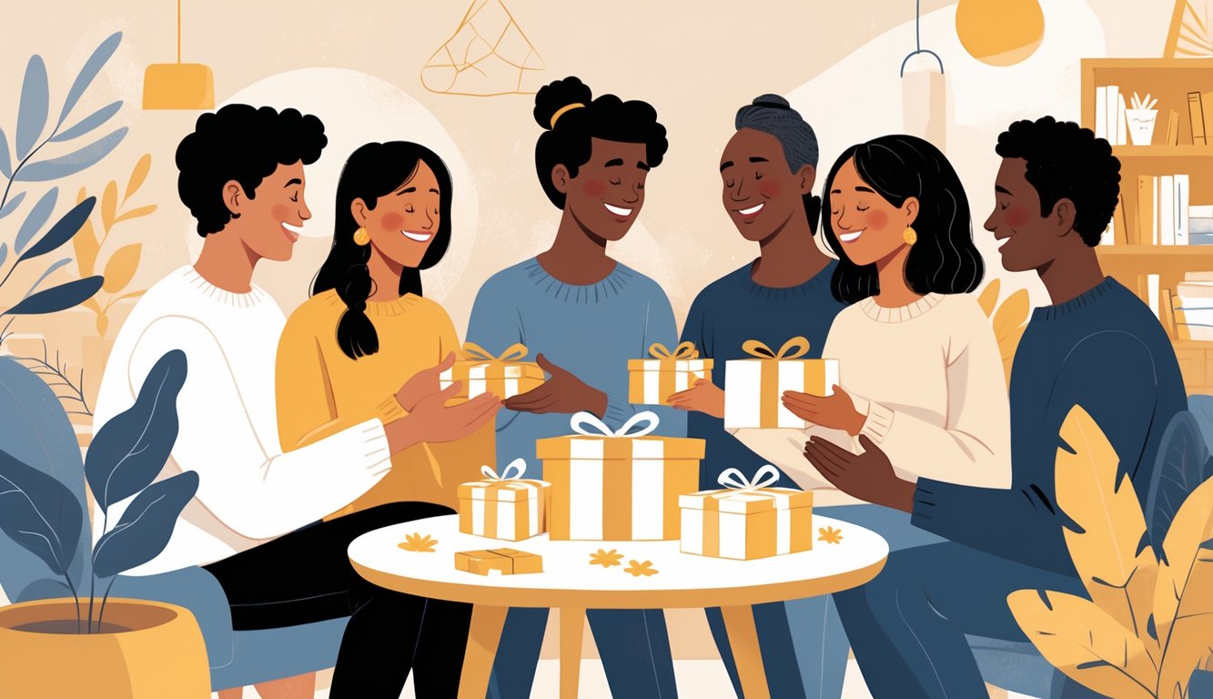 A diverse group of people exchanging gender-neutral gifts in a warm, cozy room, smiling and interacting comfortably.